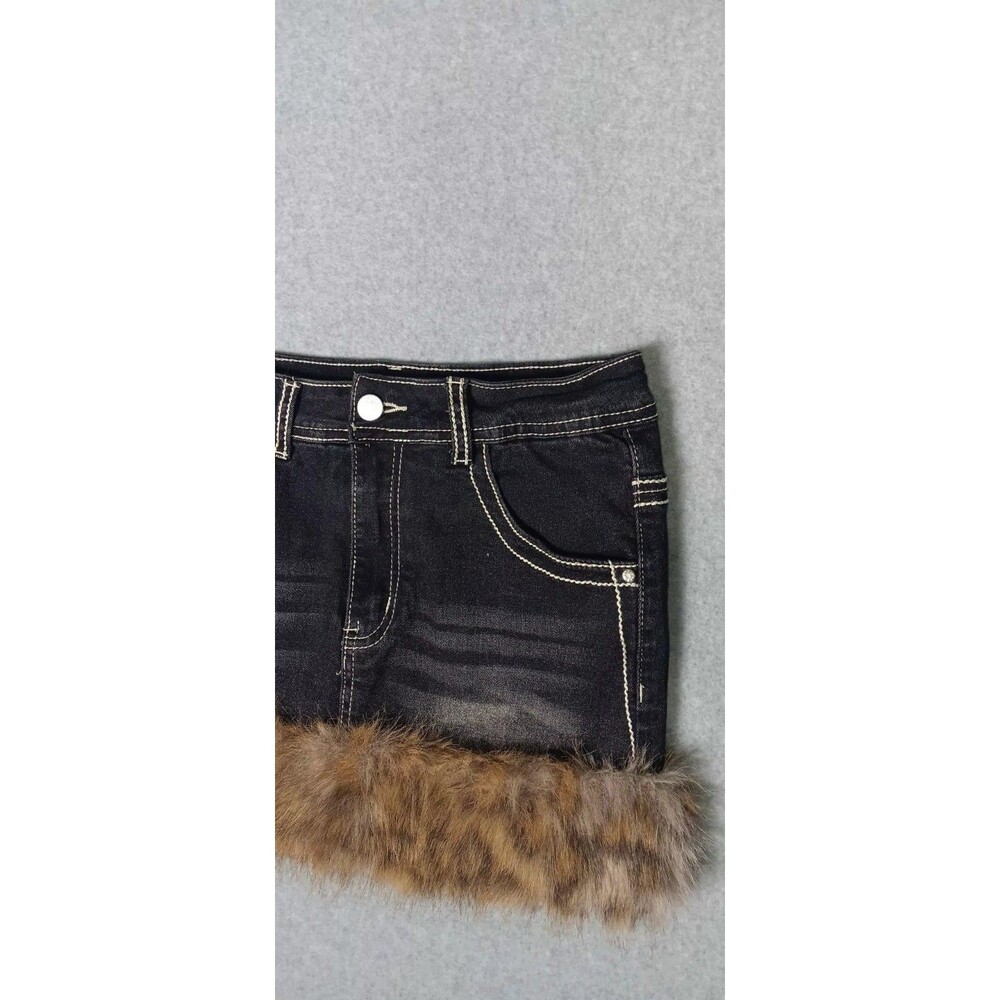 Romwe Kawaii Y2K Gyaru Faux Fur Denim Mini Skirt S Retro Bratz Mall Goth Grunge - Picture 3 of 14